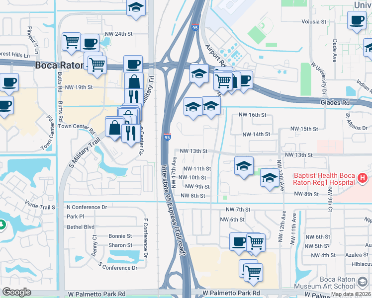 map of restaurants, bars, coffee shops, grocery stores, and more near 1625 Northwest 13th Street in Boca Raton