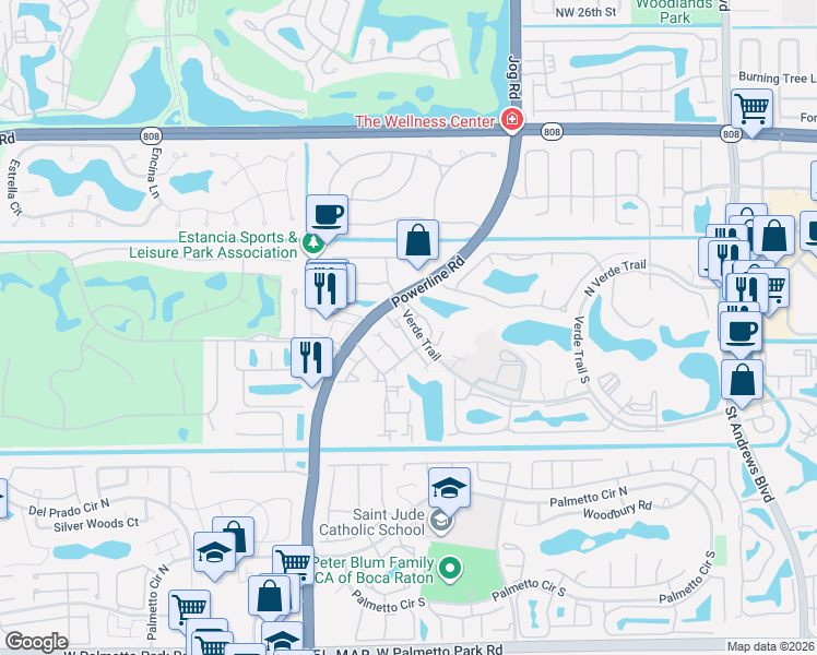 map of restaurants, bars, coffee shops, grocery stores, and more near 6751 Boca Pines Trail in Boca Raton