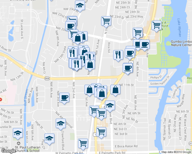 map of restaurants, bars, coffee shops, grocery stores, and more near 7 Glades Rd in Boca Raton
