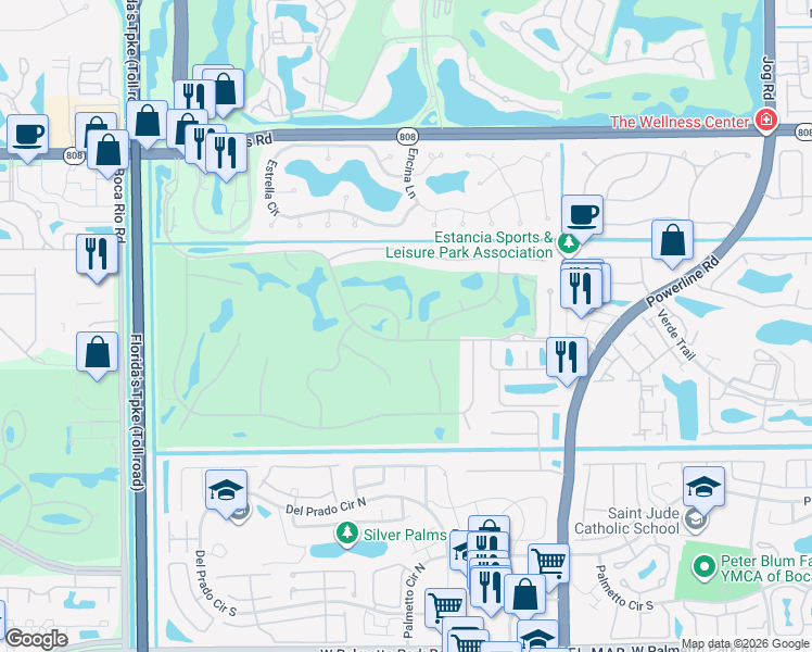 map of restaurants, bars, coffee shops, grocery stores, and more near 7383 Orangewood Lane in Boca Raton