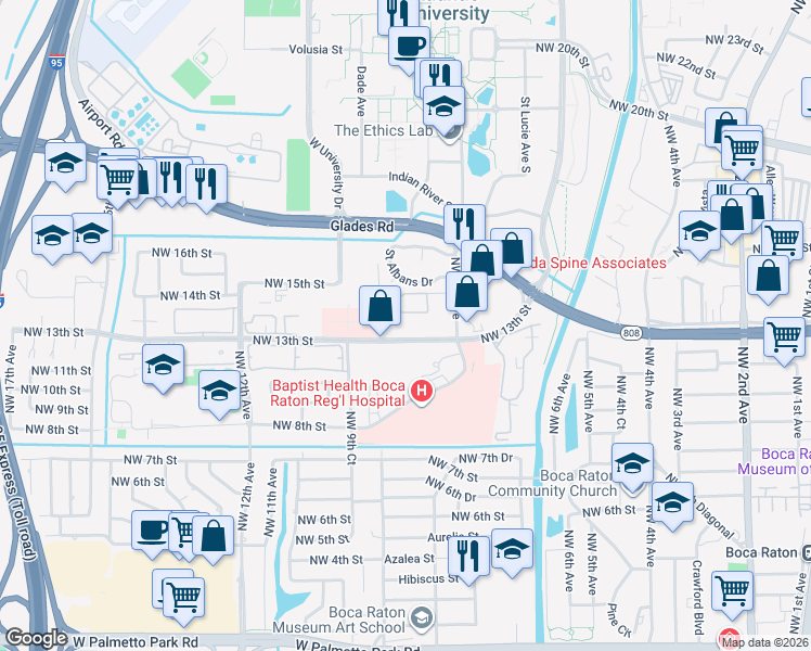 map of restaurants, bars, coffee shops, grocery stores, and more near 1400 Northwest 9th Avenue in Boca Raton