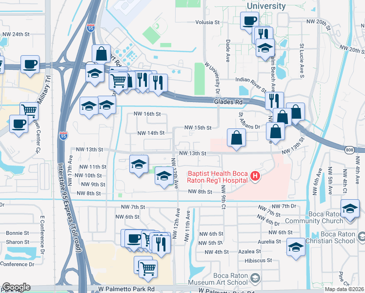 map of restaurants, bars, coffee shops, grocery stores, and more near 1169 Northwest 13th Street in Boca Raton