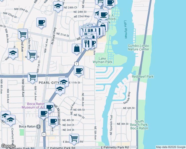 map of restaurants, bars, coffee shops, grocery stores, and more near 1295 Northeast 5th Avenue in Boca Raton
