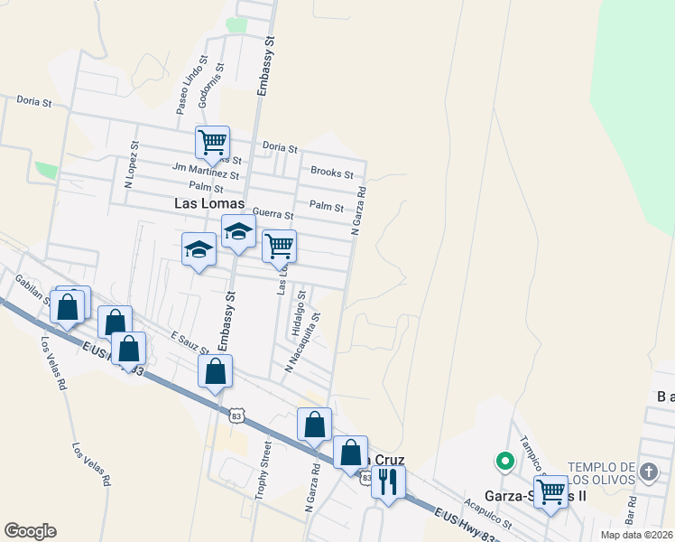map of restaurants, bars, coffee shops, grocery stores, and more near 5495 Irangel Street in Rio Grande City
