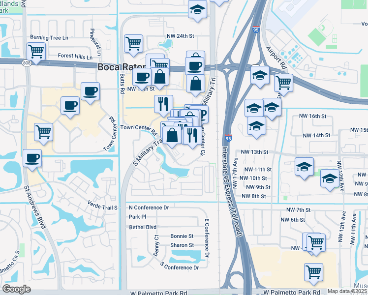 map of restaurants, bars, coffee shops, grocery stores, and more near 5250 Town Center Circle in Boca Raton