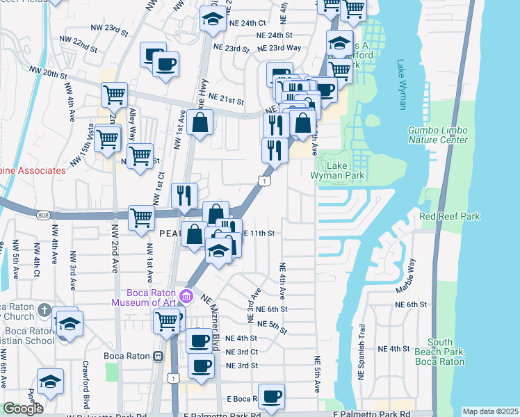 map of restaurants, bars, coffee shops, grocery stores, and more near 1300 North Federal Highway in Boca Raton