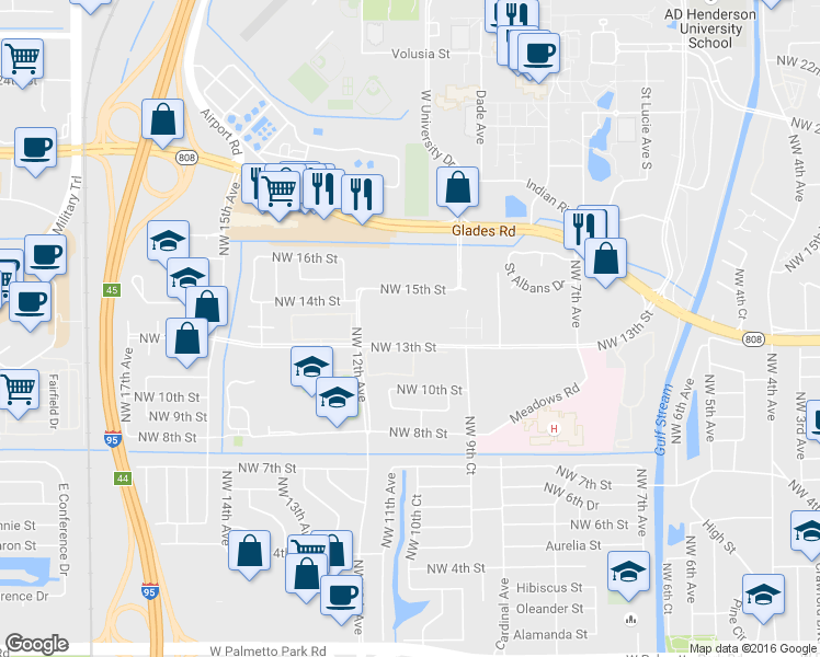map of restaurants, bars, coffee shops, grocery stores, and more near 1001 Northwest 13th Street in Boca Raton