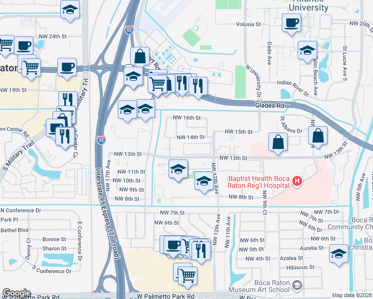 map of restaurants, bars, coffee shops, grocery stores, and more near 1271 Northwest 13th Street in Boca Raton