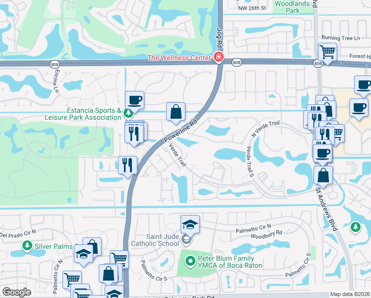 map of restaurants, bars, coffee shops, grocery stores, and more near 6751 Boca Pines Trail in Boca Raton