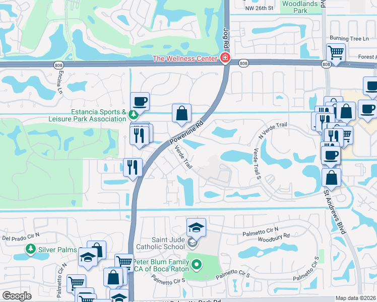 map of restaurants, bars, coffee shops, grocery stores, and more near 6751 Boca Pines Trail in Boca Raton