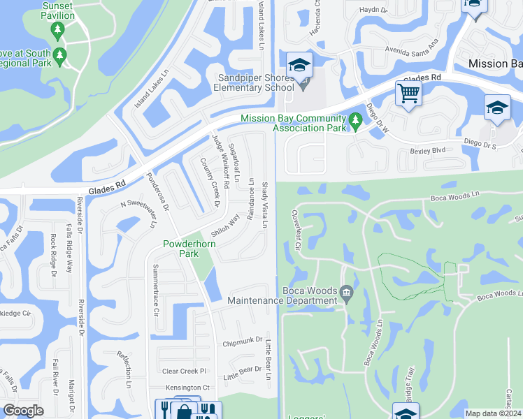 map of restaurants, bars, coffee shops, grocery stores, and more near 21077 Shady Vista Lane in Boca Raton