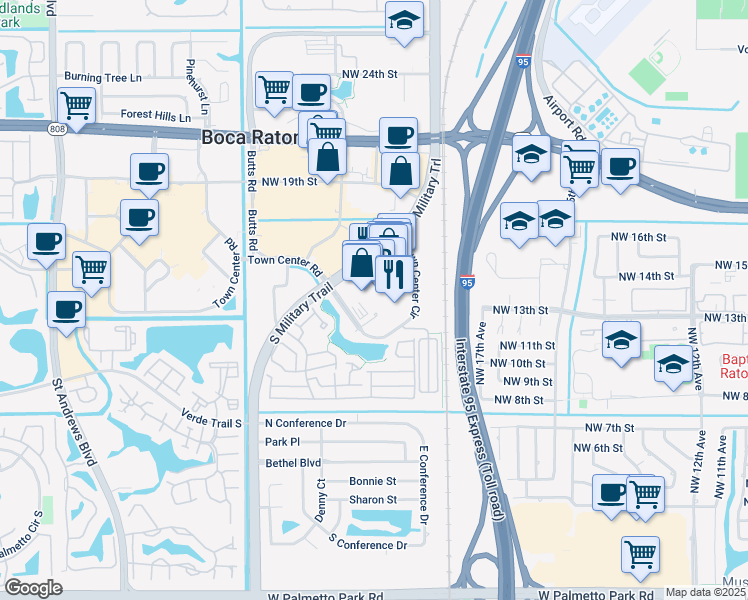 map of restaurants, bars, coffee shops, grocery stores, and more near 5200 Town Center Circle in Boca Raton