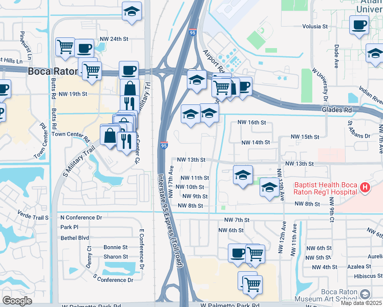 map of restaurants, bars, coffee shops, grocery stores, and more near 1599 Northwest 13th Street in Boca Raton