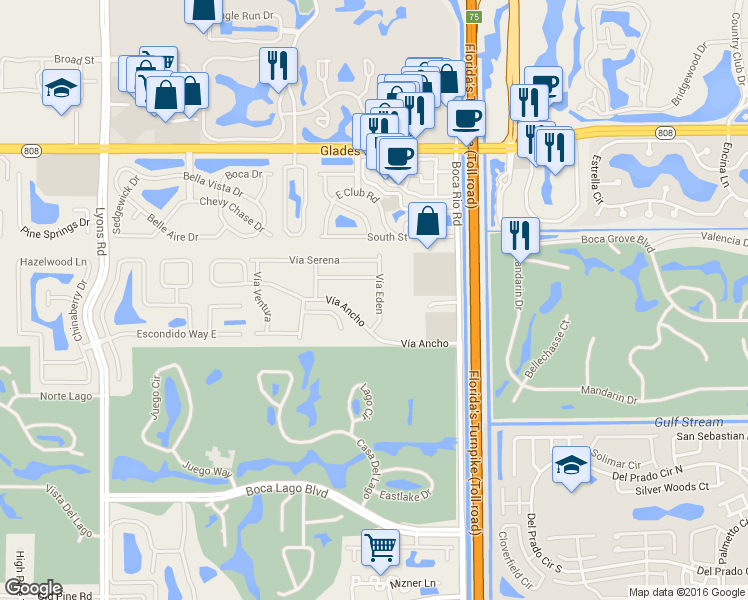 map of restaurants, bars, coffee shops, grocery stores, and more near 21163 Vía Eden in Boca Raton