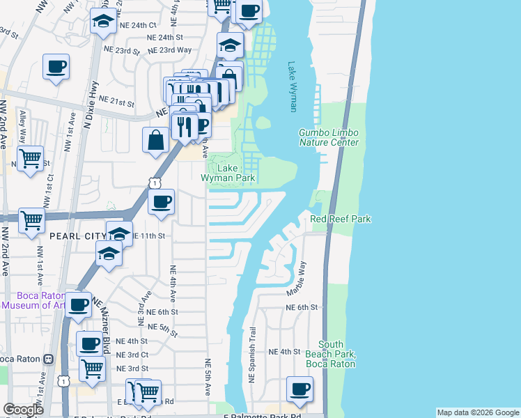 map of restaurants, bars, coffee shops, grocery stores, and more near 620 Phillips Drive in Boca Raton