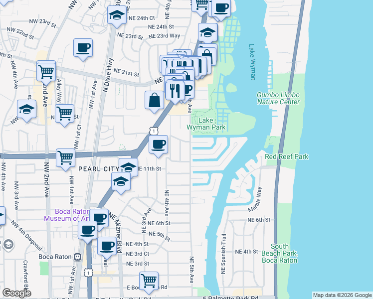 map of restaurants, bars, coffee shops, grocery stores, and more near 500 Northeast 14th Street in Boca Raton