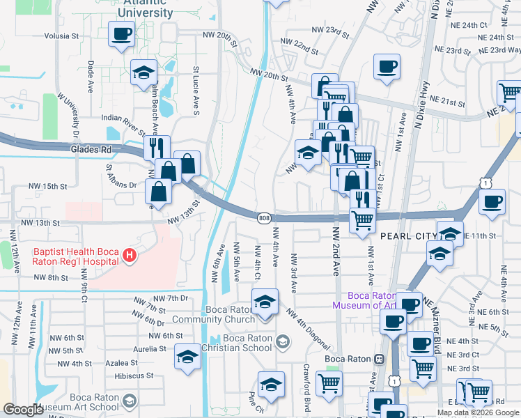 map of restaurants, bars, coffee shops, grocery stores, and more near 1361 Northwest 4th Court in Boca Raton