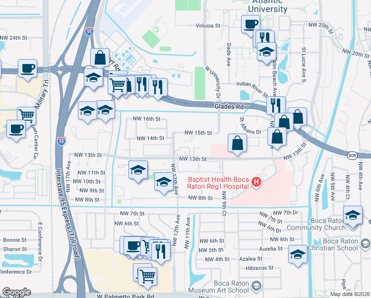 map of restaurants, bars, coffee shops, grocery stores, and more near 1169 Northwest 13th Street in Boca Raton