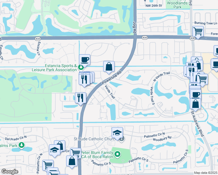 map of restaurants, bars, coffee shops, grocery stores, and more near 6751 Boca Pines Trail in Boca Raton
