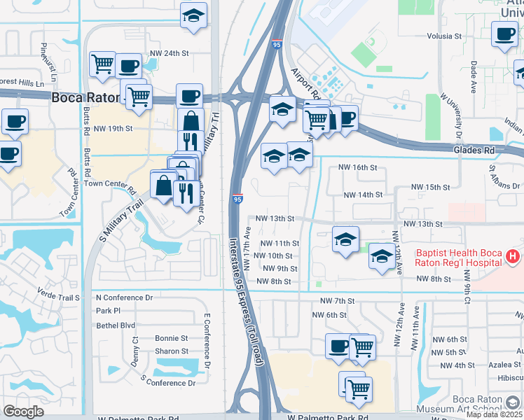 map of restaurants, bars, coffee shops, grocery stores, and more near 1625 Northwest 13th Street in Boca Raton