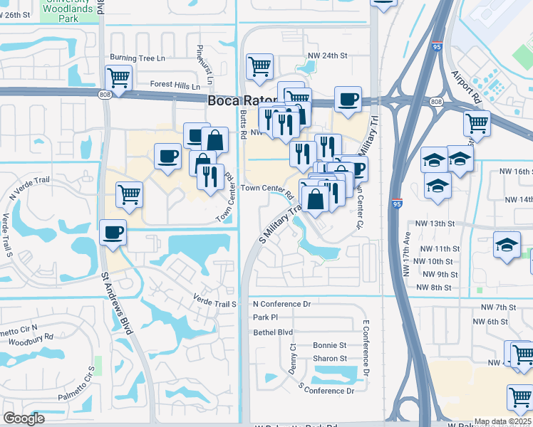 map of restaurants, bars, coffee shops, grocery stores, and more near Lennox Drive in Boca Raton