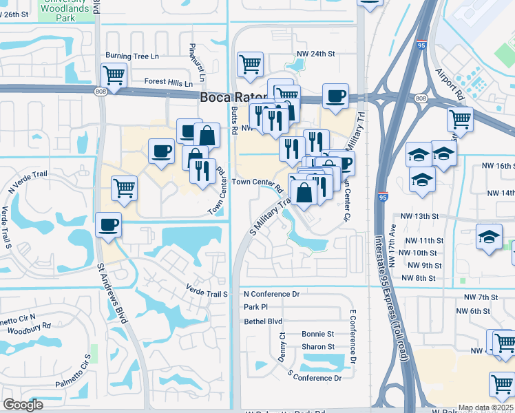 map of restaurants, bars, coffee shops, grocery stores, and more near Lennox Drive in Boca Raton