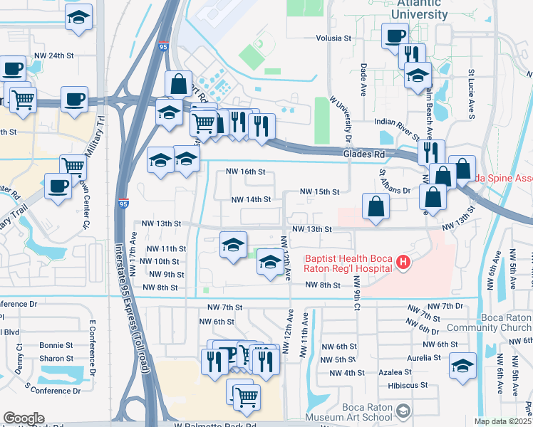 map of restaurants, bars, coffee shops, grocery stores, and more near 1200 Northwest 14th Street in Boca Raton
