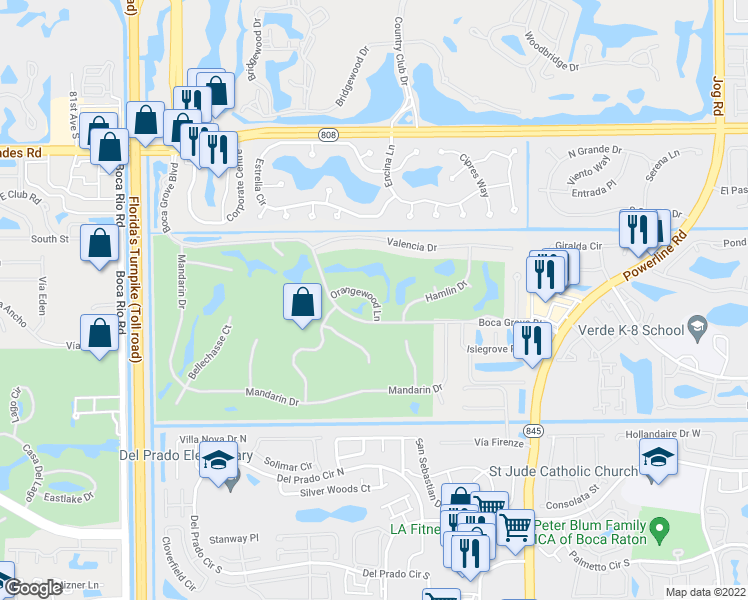 map of restaurants, bars, coffee shops, grocery stores, and more near 7369 Orangewood Lane in Boca Raton