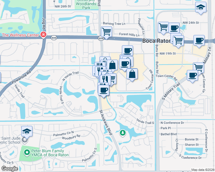 map of restaurants, bars, coffee shops, grocery stores, and more near 21218 St Andrews Blvd in Boca Raton