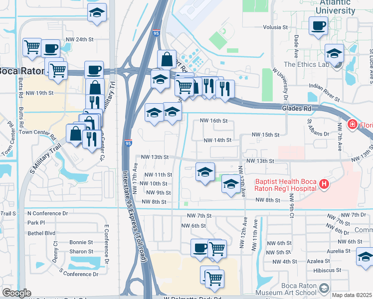 map of restaurants, bars, coffee shops, grocery stores, and more near 1381 Northwest 13th Court in Boca Raton