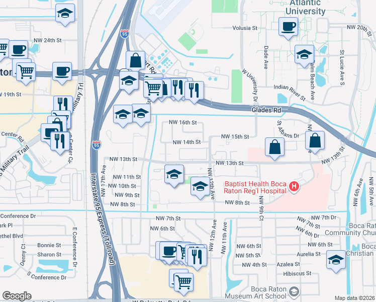 map of restaurants, bars, coffee shops, grocery stores, and more near 1271 Northwest 13th Street in Boca Raton