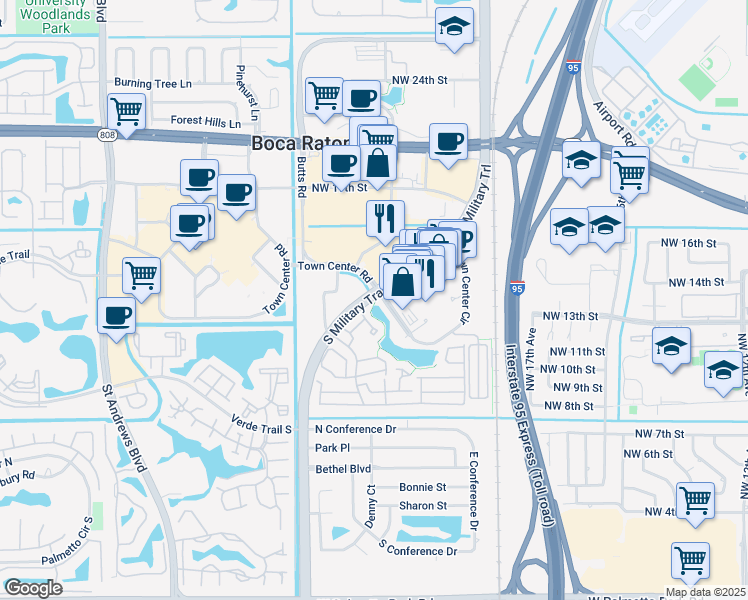map of restaurants, bars, coffee shops, grocery stores, and more near 5150 Town Center Road in Boca Raton