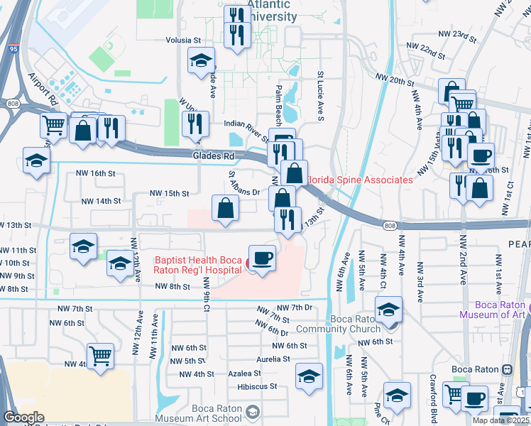 map of restaurants, bars, coffee shops, grocery stores, and more near 1401 Northwest 7th Avenue in Boca Raton