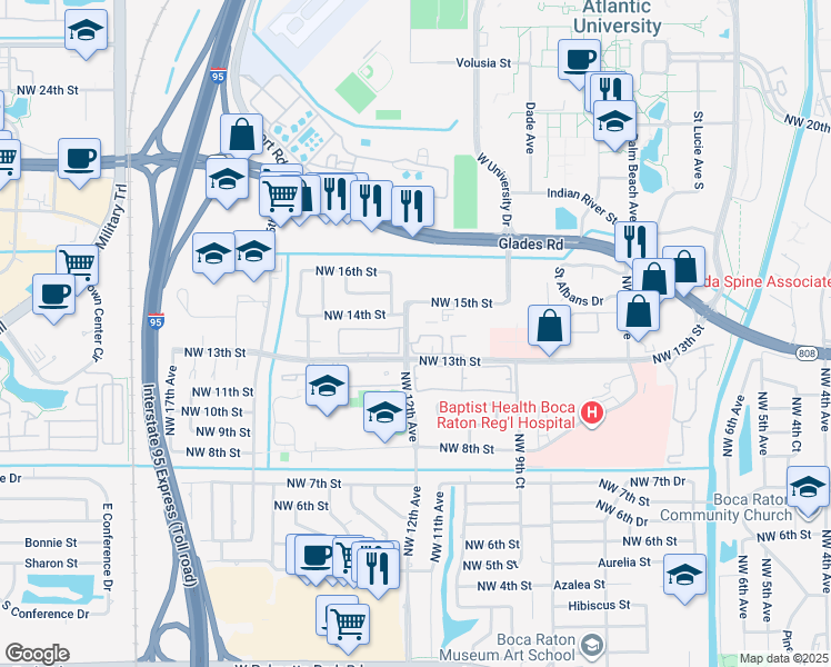 map of restaurants, bars, coffee shops, grocery stores, and more near 1169 Northwest 13th Street in Boca Raton