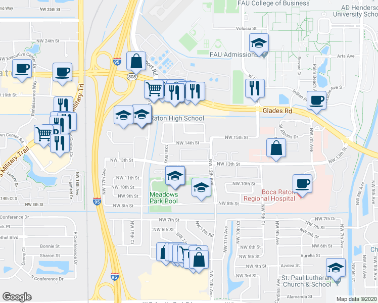 map of restaurants, bars, coffee shops, grocery stores, and more near 1271 Northwest 13th Street in Boca Raton