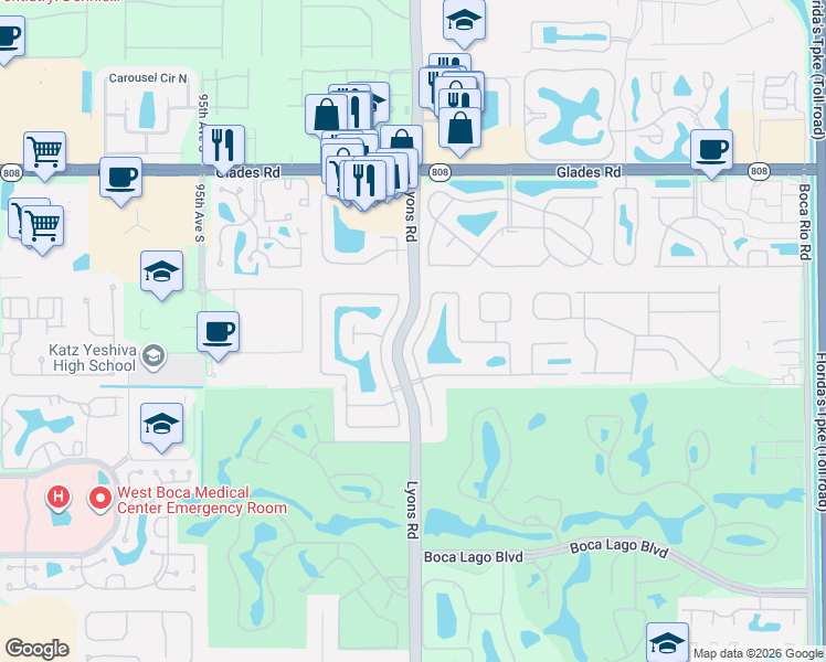 map of restaurants, bars, coffee shops, grocery stores, and more near 21143 Escondido Way South in Boca Raton