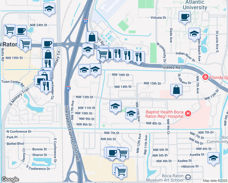 map of restaurants, bars, coffee shops, grocery stores, and more near 1331 Northwest 13th Court in Boca Raton