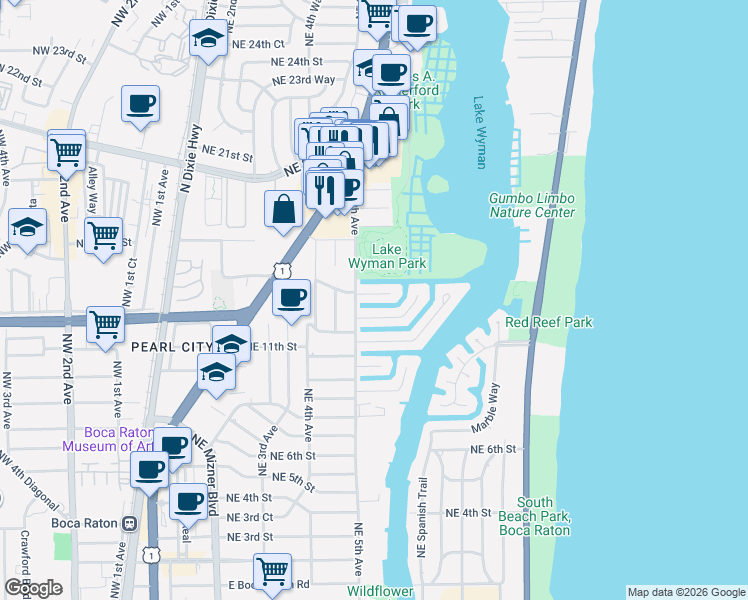 map of restaurants, bars, coffee shops, grocery stores, and more near 500 Northeast 14th Street in Boca Raton