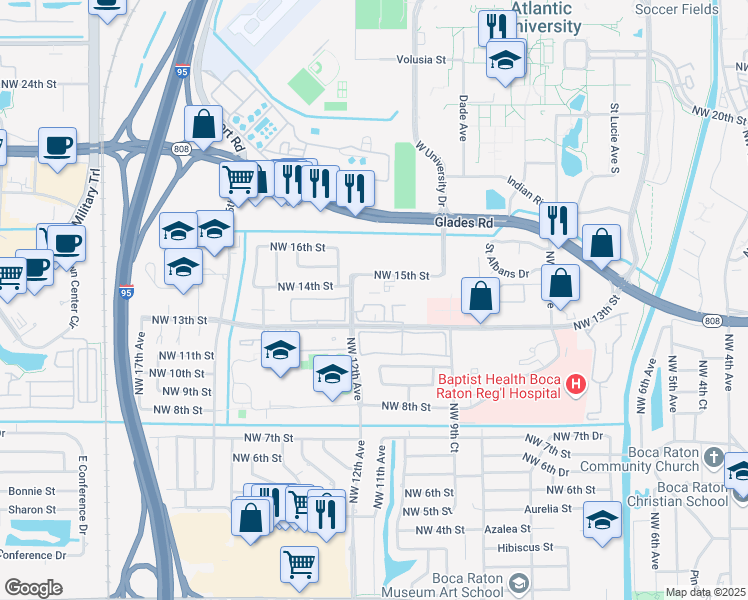 map of restaurants, bars, coffee shops, grocery stores, and more near 1169 Northwest 13th Street in Boca Raton