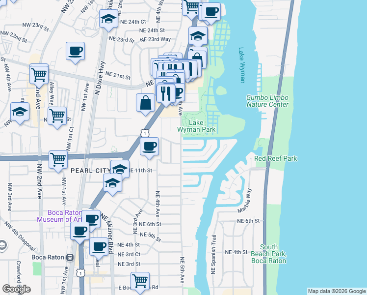 map of restaurants, bars, coffee shops, grocery stores, and more near 500 Northeast 14th Street in Boca Raton