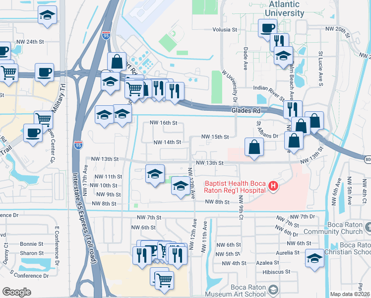map of restaurants, bars, coffee shops, grocery stores, and more near 1200 Northwest 14th Street in Boca Raton