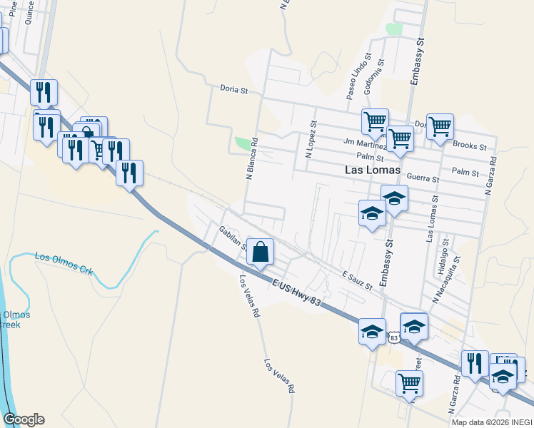 map of restaurants, bars, coffee shops, grocery stores, and more near 5085 San Juanita Road in Rio Grande City