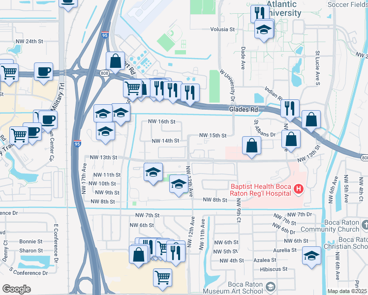map of restaurants, bars, coffee shops, grocery stores, and more near 1200 Northwest 14th Street in Boca Raton