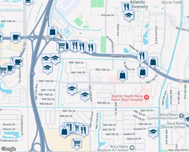 map of restaurants, bars, coffee shops, grocery stores, and more near 1169 Northwest 13th Street in Boca Raton