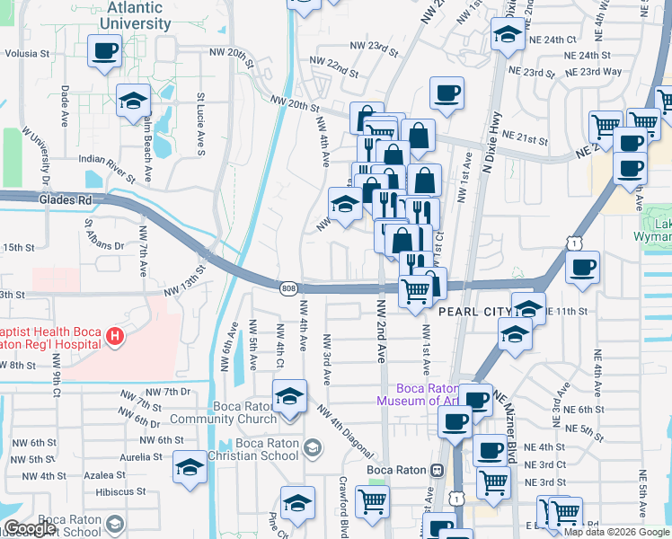 map of restaurants, bars, coffee shops, grocery stores, and more near 1324 Northwest 2nd Circle in Boca Raton