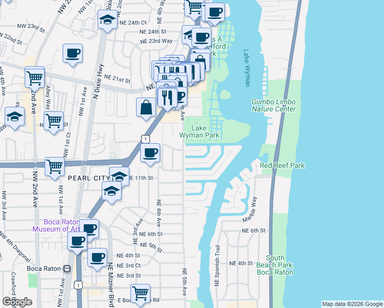 map of restaurants, bars, coffee shops, grocery stores, and more near 500 Northeast 14th Street in Boca Raton