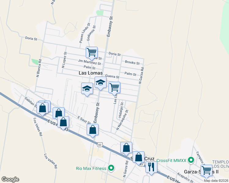map of restaurants, bars, coffee shops, grocery stores, and more near 4000 Las Lomas Street in Rio Grande City