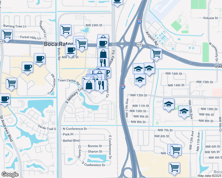 map of restaurants, bars, coffee shops, grocery stores, and more near 5095 Town Center Circle in Boca Raton