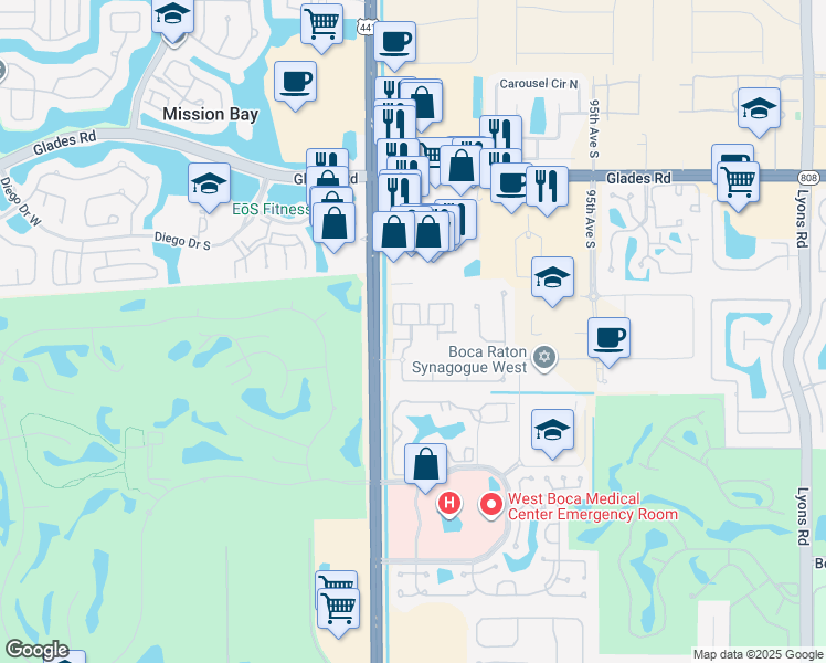 map of restaurants, bars, coffee shops, grocery stores, and more near 50 Palma Vista Way in Boca Raton