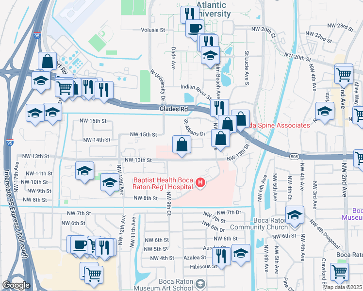 map of restaurants, bars, coffee shops, grocery stores, and more near 1485 Northwest 9th Avenue in Boca Raton